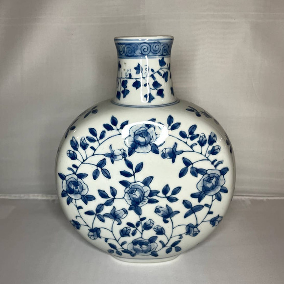 Vintage Accents Vintage Blue And White Moon Vase With Rose Flowers